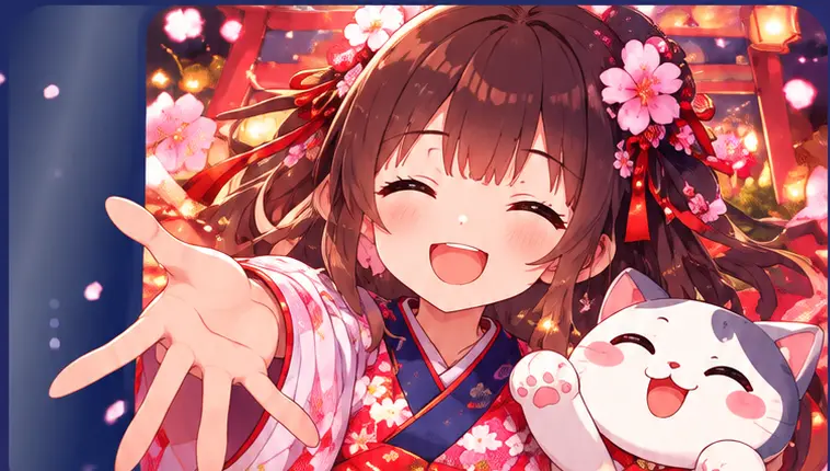 笑顔のLuckyPointキャラクターと猫